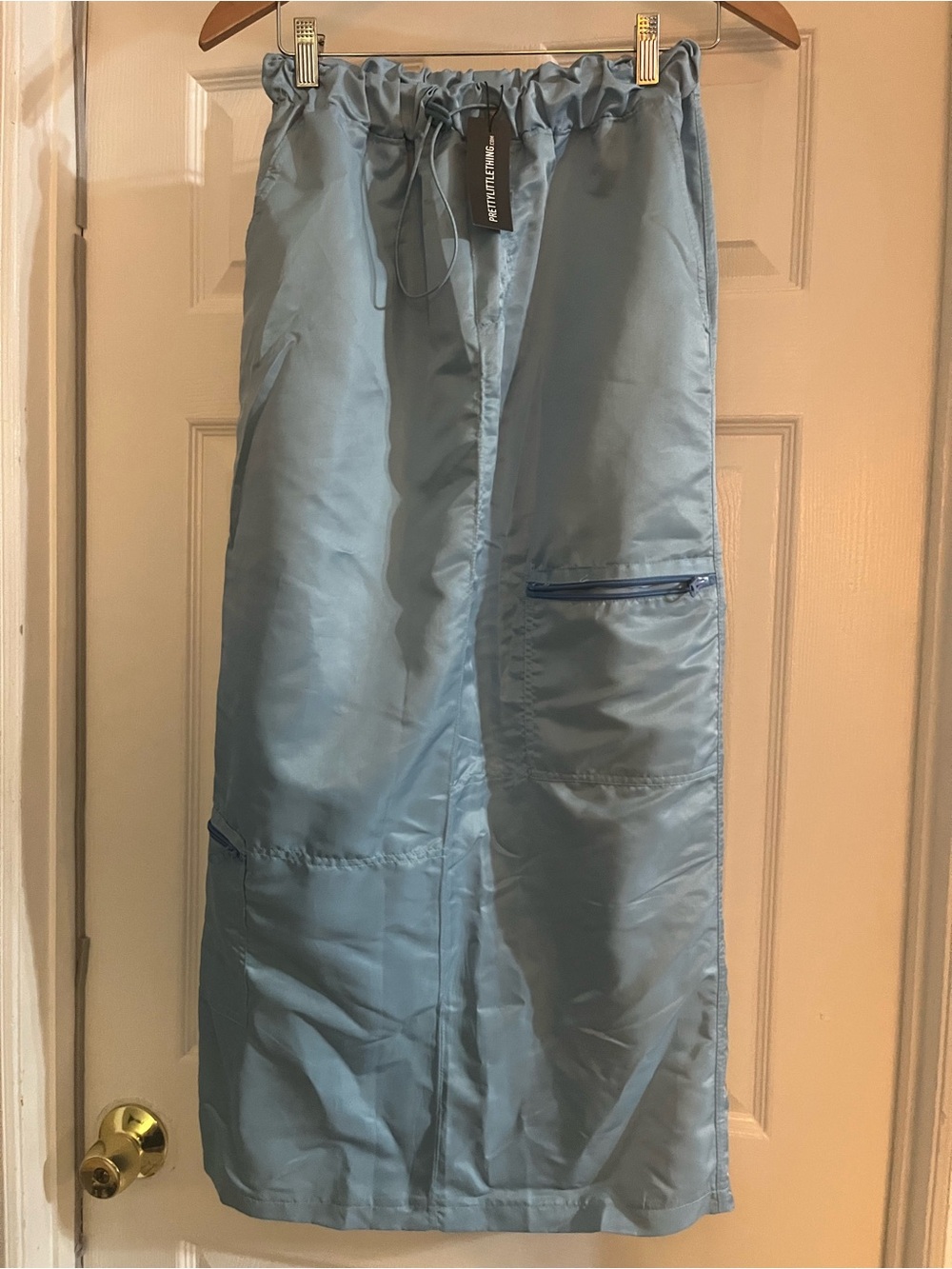 PrettyLittleThing Powder Blue Satin Drawstring Skirt